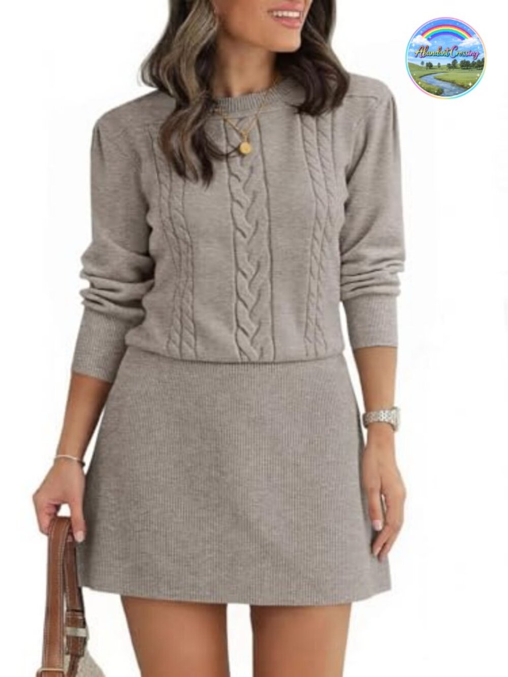 Women's Puff Long Sleeve Cable Knit Sweater Mini Dress Crew Neck